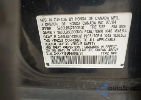 2004 Honda Pilot Ex-L z USA, uszkodzony, nr VIN 2HKYF18564H611781